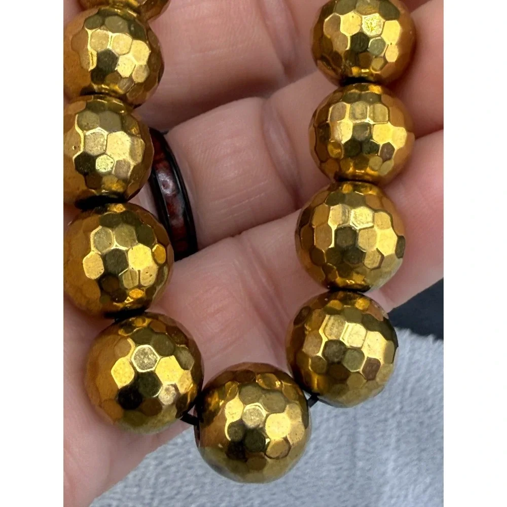 Glass Beaded Bracelet Stretch Band Gold Tone Faceted Size 7